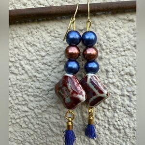 Artisan Blue and Copper Beaded Earrings with Tassels